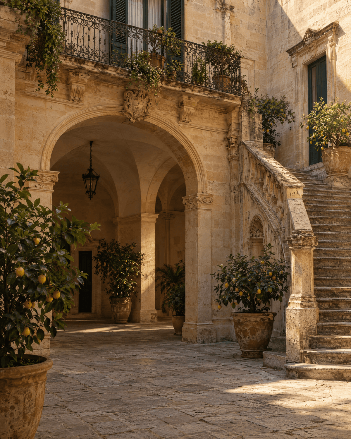Cortile in pietra leccese con archi e limoni