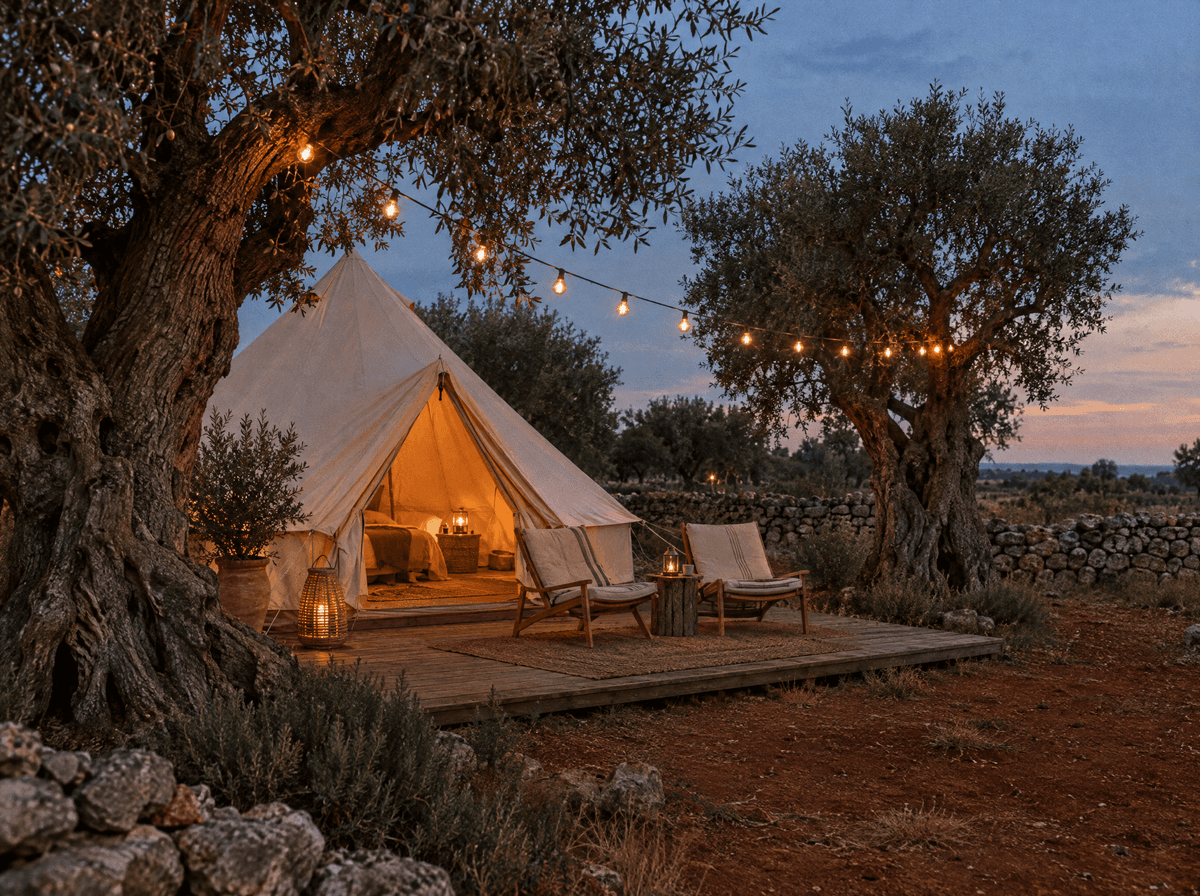 Tenda glamping illuminata in un uliveto al tramonto