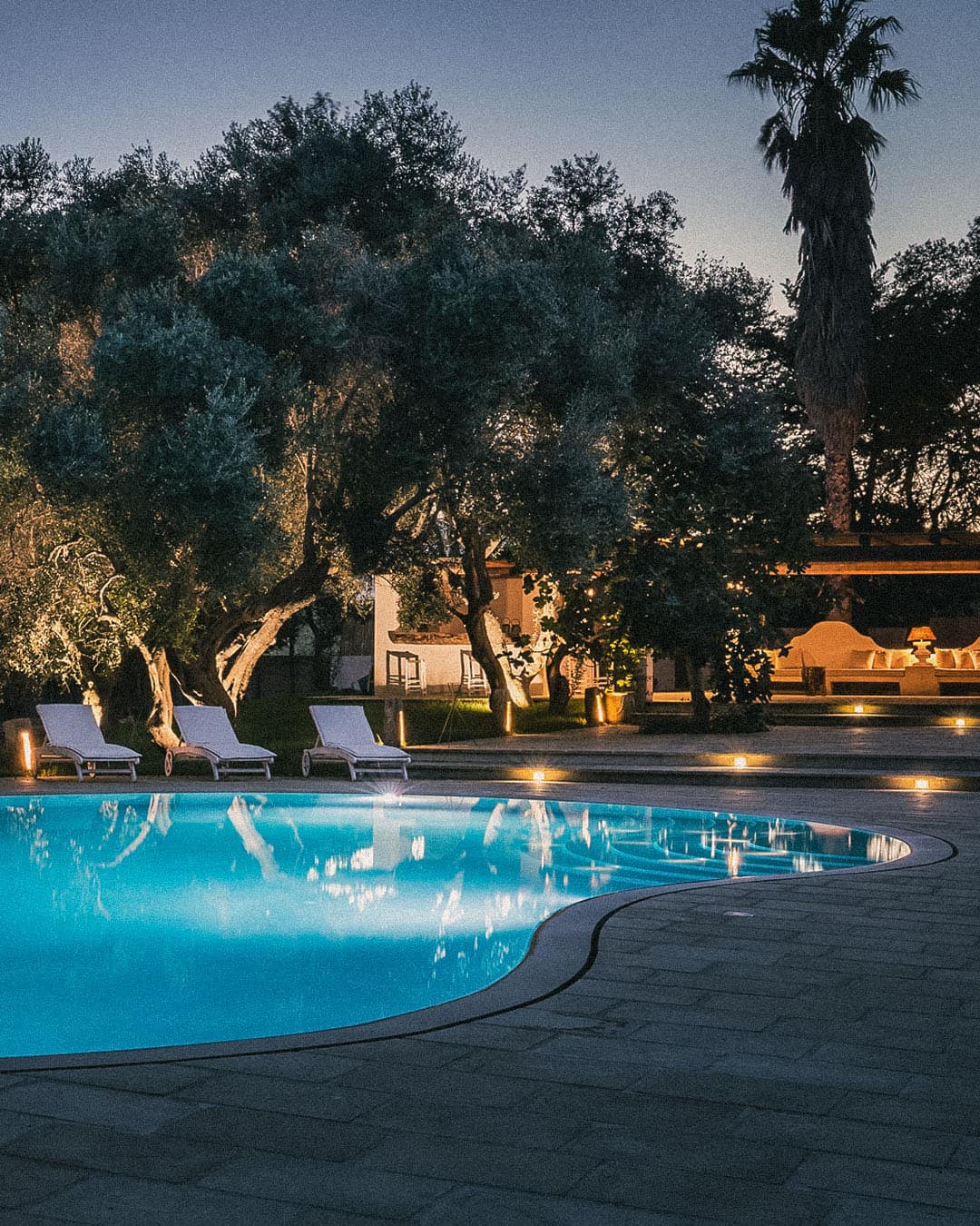Piscina illuminata tra gli ulivi al tramonto
